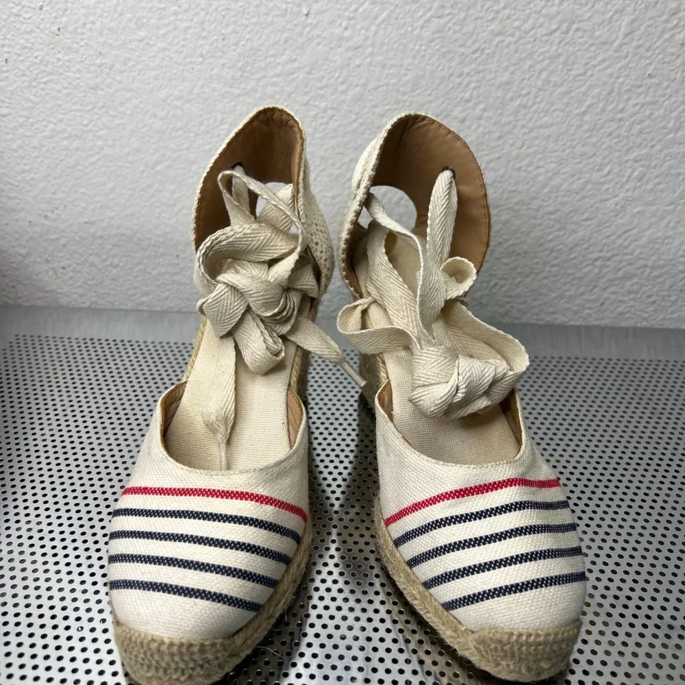 Soludos Women's Lace-Up Tall Wedge Espadrilles Red‎ Navy Natural  Size 5
